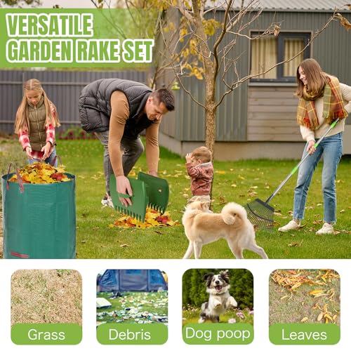 JOYHALO 65 Inch Rake for Leaves, 25 Tines Metal Leaf Rake Set with 32 Gallon Leaf Bags Scoops, Garden Rakes 18in Wide, Rakes for Gardening Lawns Yard Outdoor Camping Shrub Grass Bush - Image 3