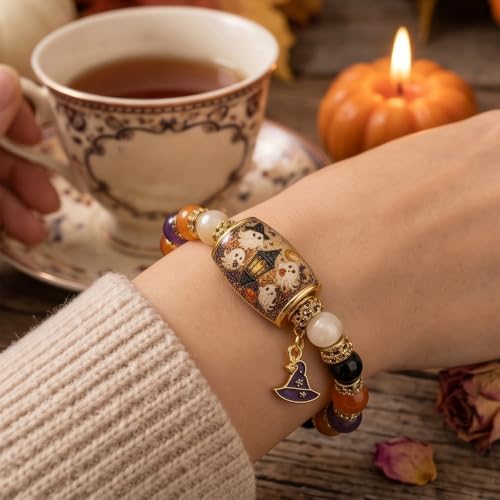 Halloween Black Cat Pumpkin Beaded Bracelet Gift Set, Ghost Pumpkin Cat Stretch Beaded Bracelet with witch Hat Charm, Fall Autumn Jewelry Gift (#B) - 1