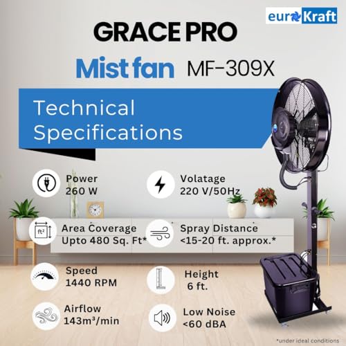 Image of Eurokraft Grace Pro Mist Fan MF-309X| 26 inch fan, 45L Water Tank | Covers 480 Sq.Ft.| 100% Copper Motor| Castor Wheels |Adjustable Mist Control | 120 Oscillating Fan for Outdoors | 1-Year Warranty