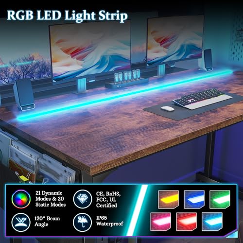 Image of DurayLoly 55 inch Office Desks with LED Lights,Gaming Writing Work from Home Study Desk with Storage Bag,Home Office Desk with Headphone Hook Sturdy Metal Frame, Rustic Brown