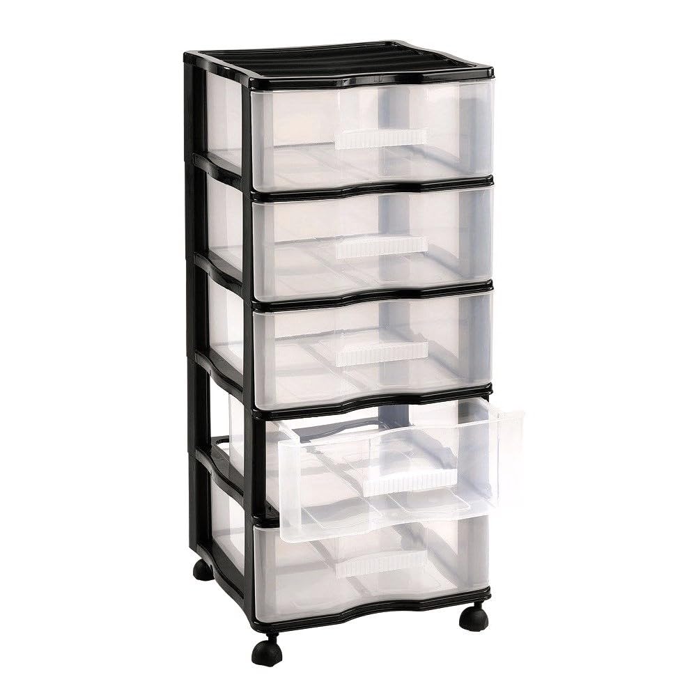 Cajonera plastica con 5 cajones y ruedas, Carro de oficina, Peluqueria, hogar, Escuela, Gavetas de Almacenamiento Extraibles, Organizador (Negro 5 Cajones)