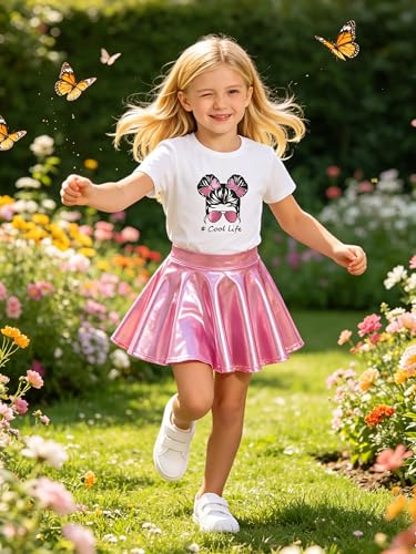 Image of Betusline Girls 2 Piece Outfits Short Sleeve Crop Top and Metallic Skater Skirt Set for Kids Dance Party Tennis, 4-14Y