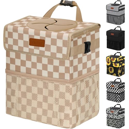 Image of Vankor Car Trash Can Bin with Lid Hanging for Back Seat, Car Accessories for Women Men Leak Proof Automotive Garbage Cans Leakproof Vehicle Trash Can for Truck SUV,Khaki Checkered