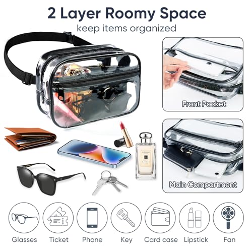 clear fanny pack for stadium events - clear bag for women men  lightweight waist pack for concerts sports games day amp travel  stadium approved transparent bag black