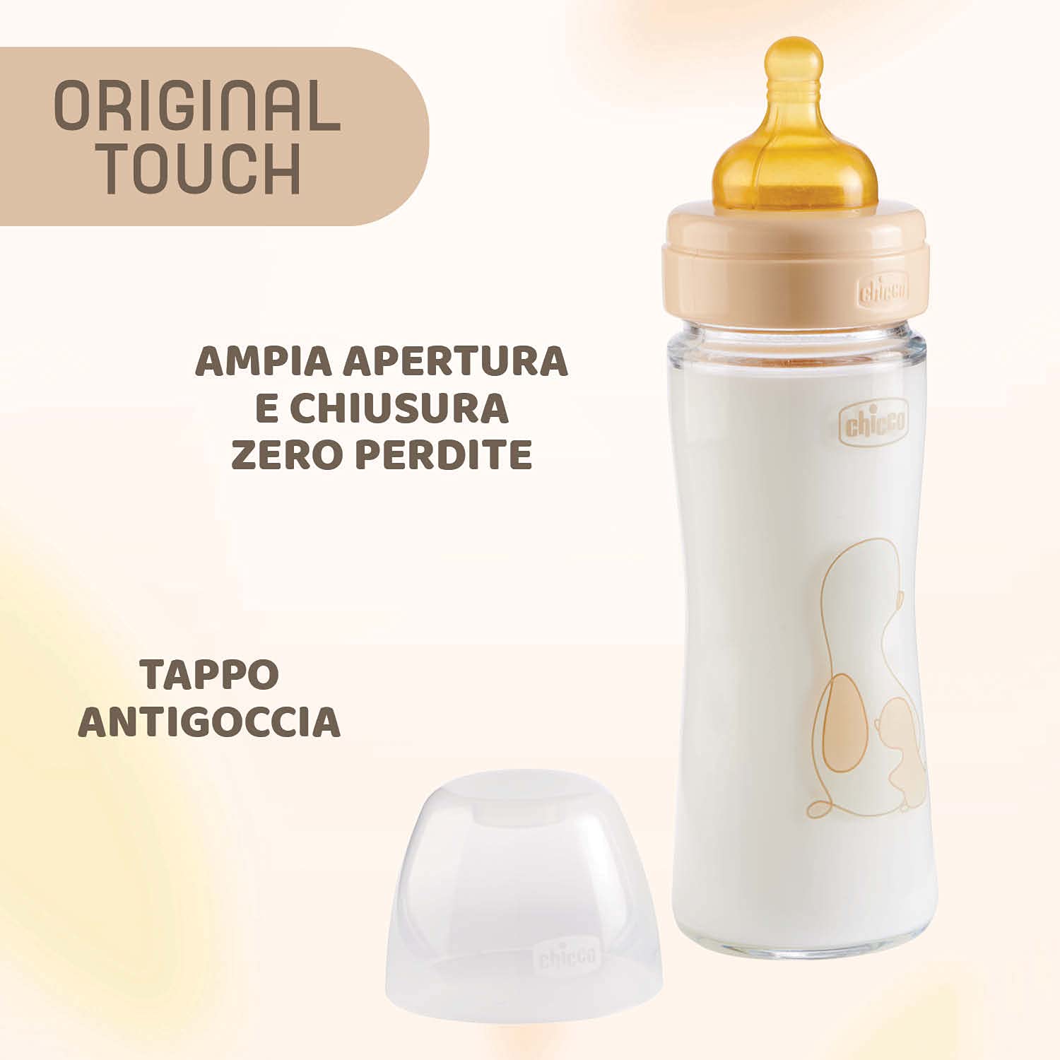 Chicco Original Touch Biberon, Vetro, Neutro, Flusso Lento, Beige, 240 ml