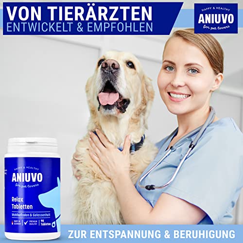 ANIUVO® Relaxtabletten [90 Stück] Natürliches Beruhigungsmittel für Hunde mit Baldrian, Hanfpulver, Taigawurzel & Magnesiumgluconat - Hunde Beruhigungsmittel gegen Stress & Angst - Made in Germany