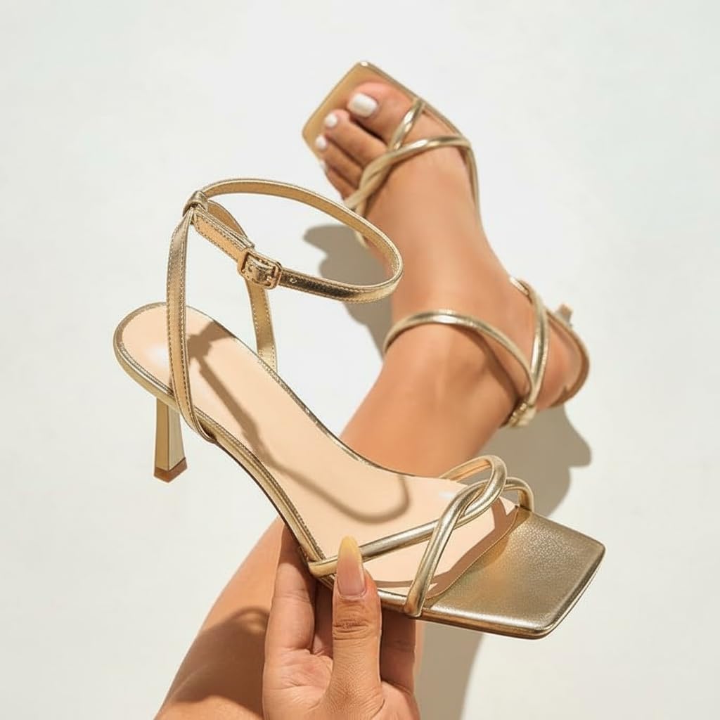 Condition photo showing As Is for womens sandals strappy kitten heels for women square open toe strappy heels comfortable heels for party, wedding and daily wearing, 7.5 gold#1