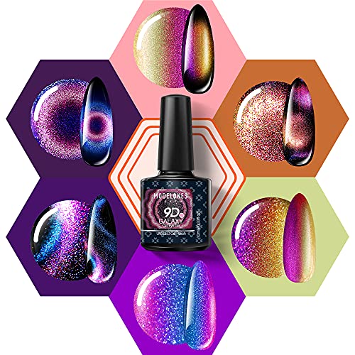 Cat Eye Gel Nail Polish, Modelones 9D Black Galaxy Gel Collection Chameleon Magnetic Glitter Shining Fingernail Polish with Magnet Stick Base Matte Top Coat 6Pcs 10ml