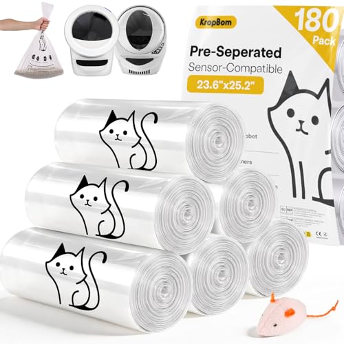 KropBom 180 Pack Cat Litter Box Robot 5/4/3 Waste Bags Transparent Self Cleaning Litter Box Liners Bags for Most Automatic Cat Litter BoxesPre-Separated Heavy Duty 9-11 Gallon Capacity