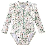 LIBREDGE Baby Girls Swim Suit One Piece Long Sleeve Rash Guard Swimsuit Bathing Suit UPF 50+ Sun Protection Floral/Light Green 12-18 Months