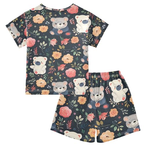 ALAZA Cute Bear Rose Flower on Black Pajamas Short Sleeve 2 Piece Sleepwear Top and Bottom Pajama Set Unisex2