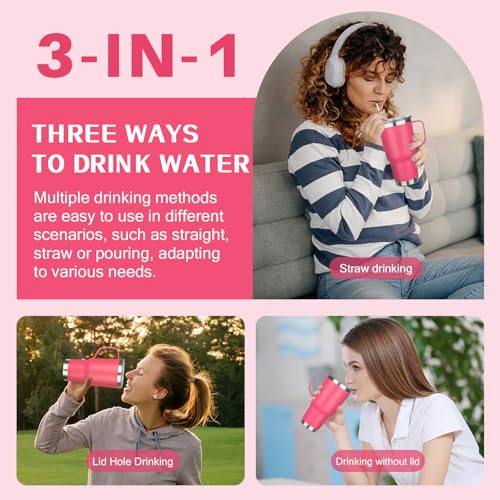 Image of 30 oz Tumbler with Handle, Stainless Steel Insulated Tumbler with Lid and Straw, Double Wall Vacuum Coffee Mug Tumbler, Insulated Coffee Thermal Cup for Cold and Hot (Peach Pink)