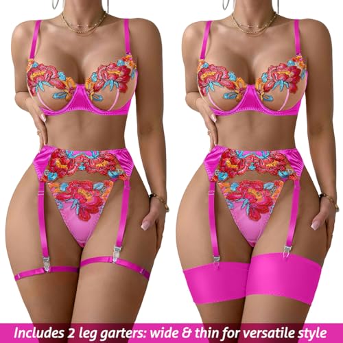 Image of Lilosy Sexy Leaf Floral Embroidered Mesh Sheer Women Underwire Push Up Lingerie Set
