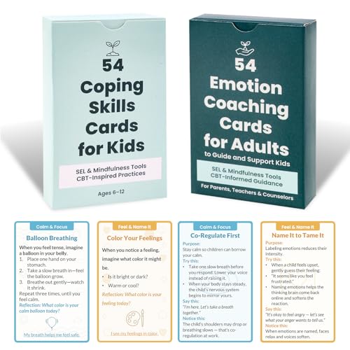 Coping Skills Cards for Kids - 108 Big Feelings Deck & Emotion Coaching & Mindfulness Cards for Parents Teachers - SEL Grounding Tools - CBT Inspired Emotional Regulation Decks for Calm Confidence