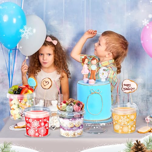 Burbell 12 Pcs 34 oz Drinks Buckets with 150 Snowflake Stickers Ice Cream Buckets with Lids and Handles Cocktail Rum Buckets Christmas Cookie Storage Buckets for Winter Holiday Party Supplies(Winter)