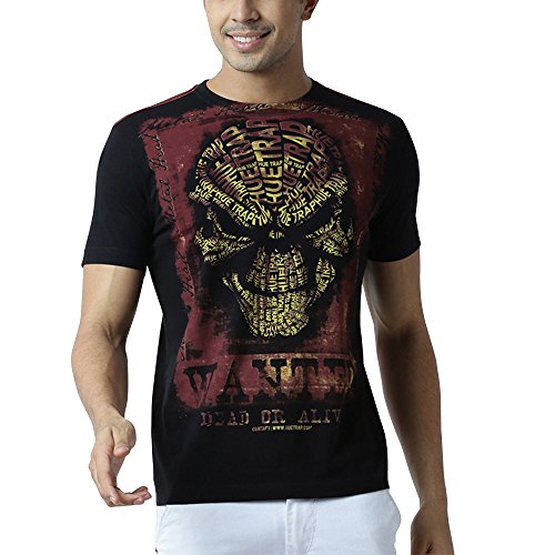 Image of HUETRAP Men's Wanted Dead or Alive Skull Printed Black Tee
