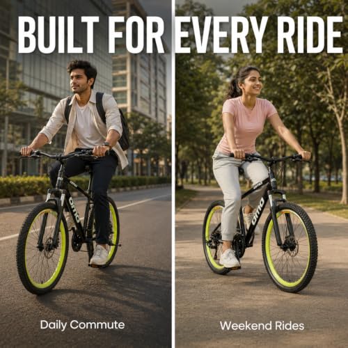 Image of Omobikes Manali Ace | Gear MTB Mountain Cycle | 21 Shimano Speed | Front Suspension | 26Inch Tire | Disc Brakes | Steel Frame | for 15+ Years Adults Unisex (Green)