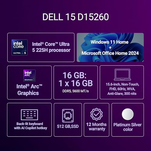 Dell 15 AI Powered Laptop, Intel Core Ultra 5 225H, 16GB DDR5 RAM, 512GB SSD, 15.6" FHD Anti-Glare Display, Intel Arc Graphics, Dedicated Copilot Key, Backlit Keyboard, Silver, Win11 Home + MSO H&S'24 view 2