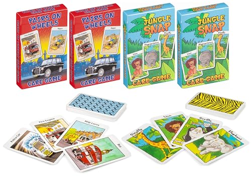 Kids Card Games - Jungle Snap & Pairs on Wheels - 4 Pack - Matching Pictures Memory Pairing Games - Great Educational Screen Free Fun Skills Booster Creative Learning