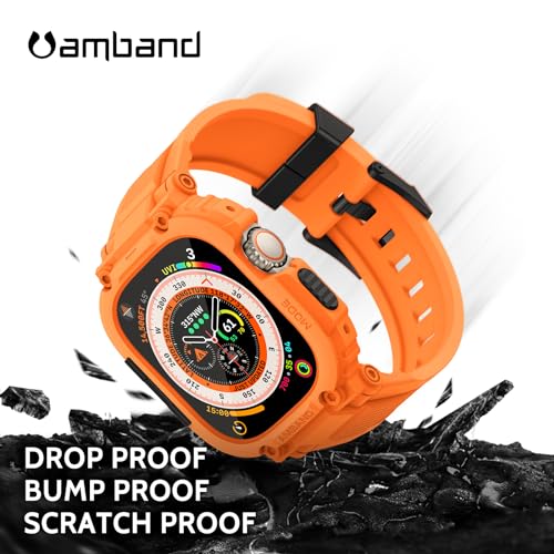 Image of amBand Bands Case Screen Protector Compatible with Apple Watch Ultra 3 /2 /1 49mm, M1 Sport Series Rugged Cover Strap and 9H Tempered Glass Film, Protective Bumper for iWatch 49 mm Men Orange