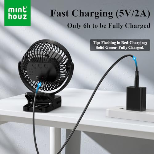 Minthouz Ventilateur portable USB rechargeable 12000 mAh avec clip et télécommande, 45H d'autonomie, silencieux, 3 vitesses, lumière LED, rotation à 360°, minuteur, pour bureau, camping et poussette – Image 3
