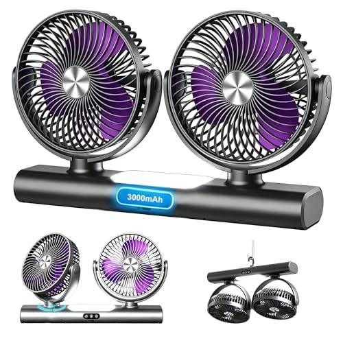 Yaskyly 6.5 Doppelkopf Auto Ventilator 3000mAh Wiederaufladbarer Auto Kühlventilator mit Nachtlicht 3 Geschwindigkeiten 360 Drehbarer Auto Kfz Lüfter Autolüfter für Fahrzeug Camping Zuhause