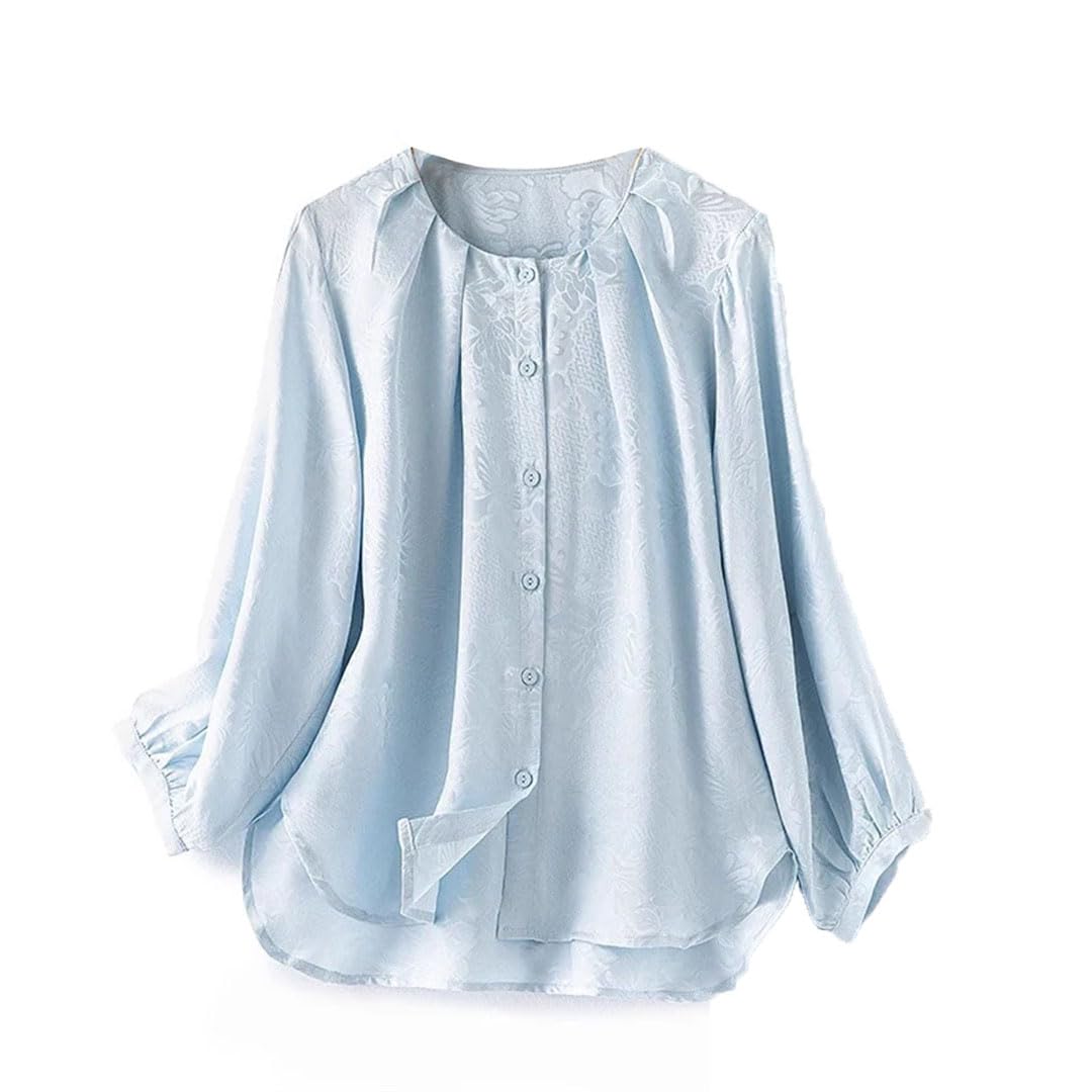 Camisa de manga larga con cuello redondo para mujer, 100% seda de morera, mariposa y flores