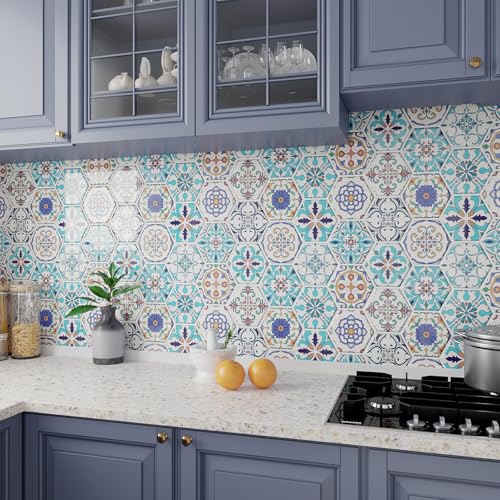 VEELIKE Azulejo Adhesivos Cocina Bohemios Baldosas Adhesivas Pared Cocina Pared Trasera Vinilos Baño Marroquíes Hexágono Lavanderías 30.5cm × 30.5cm 6 Piezas