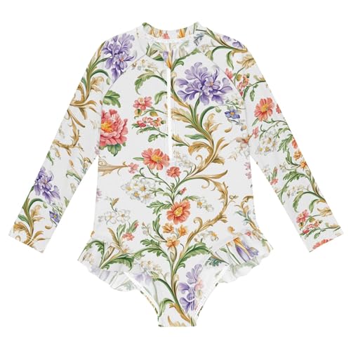 ALAZA Swimsuit for Girls Long Sleeve Rashguard Bathing Suit European White Flowers Quick Dry 4T