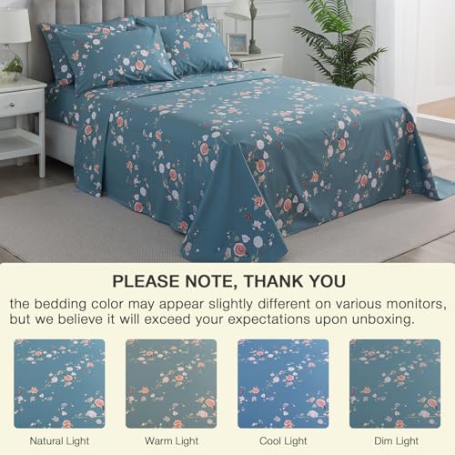 Image of Floral Percale Bed Sheets Queen Size Light Blue 4Pcs Set, Shabby Rose Patterned Chic Deep Pocket 100% Cotton Fitted Sheet Set, Soft Crisp Toile Bedsheets, Luxury Vintage Flower Bedding