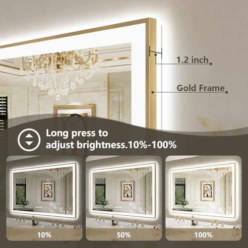 Image of 72x32 LED Bathroom Mirror with Lights, Gold Framed Lighted Mirror | Backlit and Front light, Anti-Fog, 3 Color Dimmable, Memory, Tempered Glass, IP54 Waterproof, UL Listed
