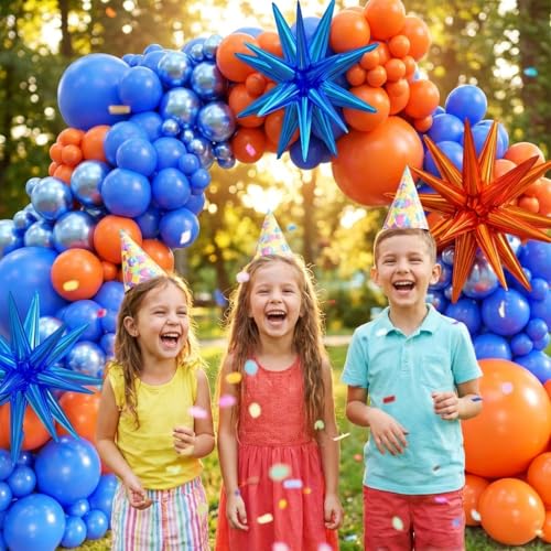 Image of Blue and Orange Balloon Arch Kit, 151Pcs Royal Blue Metallic Blue Orange Balloon Garland kit, Different Size Balloons for Girl Birthday Anniversary Baby Shower Graduation Party Decorations