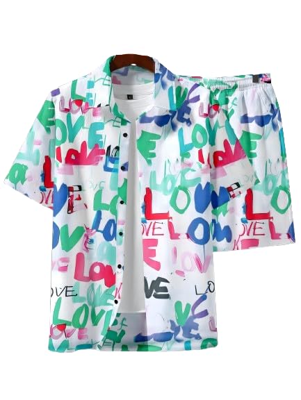 Men’s Printed Co-Ord Set | Plus Size Casual Shirt & Shorts Set | Nightwear Pajama Suit, Loungewear, Beachwear & Vacation Outfit Design No ME_NS Love Green-picture-53