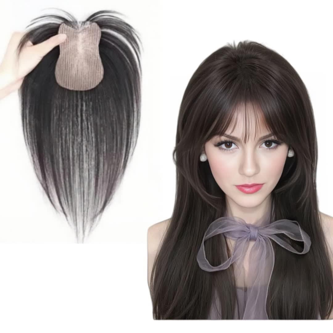 Anemone 100% Real Human Hair Topper No Need Clips Magic Paste Hair Seams 8x11cm Skin Base Fringe Bangs Easy to Wear (8 * 11cm Black Air Bangs)