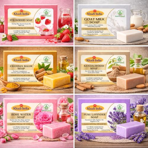 Image of Khadi Organic and Natural Handmade Bathing Soap for Men & Women By Bhudevam Naturals | Assorted Herbal & Chemical-Free Face and Body Soap for Gentle Cleansing & Healthy Skin (Assorted Bathing Soap (Pack of 6))