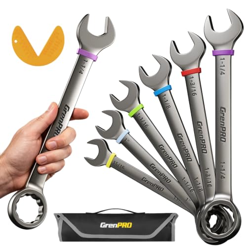 Image of GRENPRO 15 /16 inch-1-1 /4 inch Large SAE Wrench Set, Combination Open End Wrench Set | Color Rings, Roll Up Pouch, Nickel Rust-Proof Coating, CRV Steel, Free Gauge for Quick Size Matching