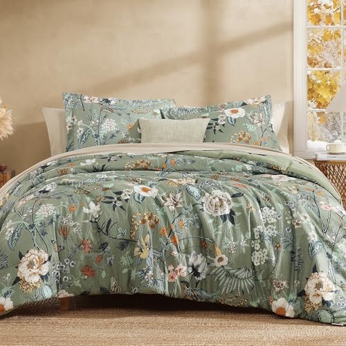 CASAAGUSTO King Size Comforter Set Green Floral Bed in a Bag King 7 Pieces King Bedding Sets with Botanical Butterfly Comforter Sheets Pillowcases & Shams for All Seasons