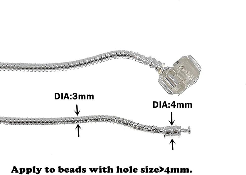 Snake Bracelet Chain,Silver Plating European Bead Charm Wristlet Bracelet Chain with Snap Barrel Clasp(2pcs,3mm&8.3 inches)