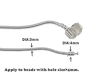 Vista 2 de Cadena de pulsera de serpiente, chapado en plata, con cuentas europeas con cierre de barril a presión (2 unidades, 6.7 pulgadas), Cobre