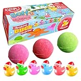 CE QUE VOUS RECEVREZ: 3 x grandes bombes de bain de 100 g, chacune contenant un jouet Canard de Noël à l’intérieur.