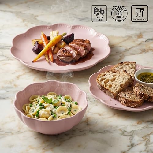 Image of Sango 12 Pieces Scalloped Dinnerware Set, Modern Pink Dishes for 4, Premium Serving Plates & Bowls Sets, Chip Resistant, Blush Ceramic Dishware, Kitchen Dish, Microwave & Dishwasher Safe, Bethany