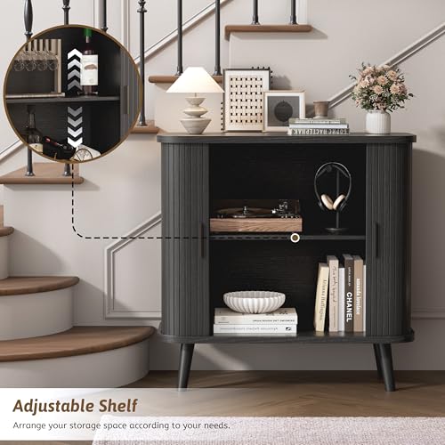 Image of BORNOON Buffet Cabinet with Storage, Curved-Edge Fluted Storage Cabinet Sideboard, Modern Black Sideboard Buffet with Adjustable Shelves & Sliding Door for Dining Room, Kitchen, Entryway