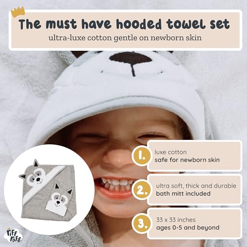 Image of Riff Raff Smart Racoon Hooded Towel - Premium Cotton Baby Towel with Mitt Set - Ultra Soft Machine Washable Cartoon Hooded Baby Towels - Baby Towels with Hood for Newborn Baby, Infants, Toddlers