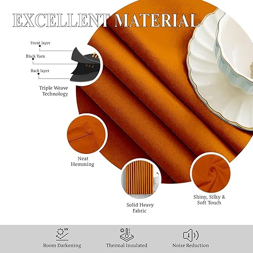 Image of Triple Pinch Pleated Blackout Curtains Thermal Insulated Room Darkening Curtains for Bedroom /Livingroom Pack of 2 Panels, Tiebacks, Hooks (Brunt Orange)