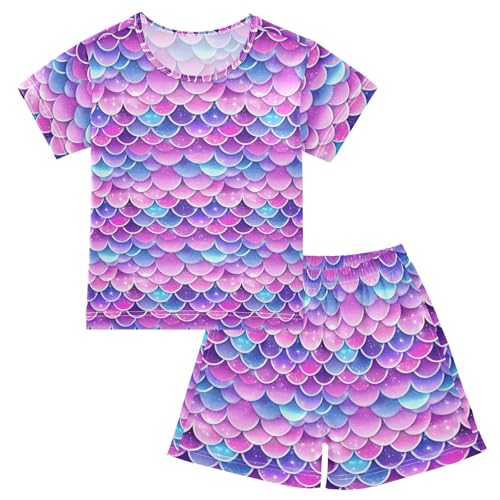 Mermaid Scales Pattern Pajama Set, Short Sleeve Cotton Sleepwear Nightwear