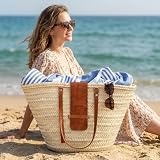 Torba koszykowa Birdie z liści palmowych i skóry, 55 x 35 x 15 cm, ręcznie pleciona torba plażowa ze skórzanymi uchwytami, styl boho, torba na zakupy, torba na zakupy z Maroka, duża torba na lato