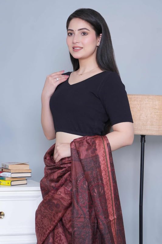 Image of Mlada V-Neck Stretchable Saree Blouse Top for Women | Slim Fit Short Sleeves Solid Cotton Blouses | Readymade Saree Blouses for Women Festive & Ethnic | Blouse Crop Top