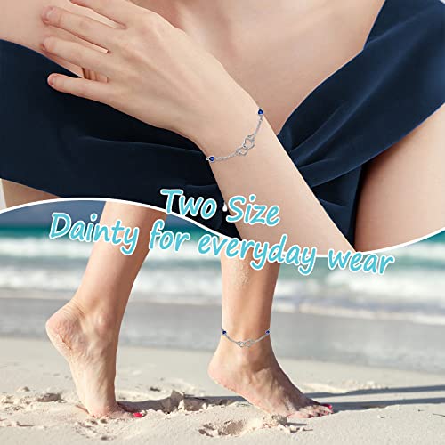 Blue Anklet For Women 925 Sterling Silver Anklets Double Heart Anklets Sapphire Summer Jewelry Birthstone Beach Foot Anklet Vocation Wedding Gifts For Bride Girl Teen (With Gift Box) #TOP5