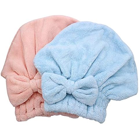 Dianoo 2pc Hair Drying Cap Microfiber, Ultra Absorbent Bath Hat, Quickly Drying Hair Turban Wrap Towels, Soft Shower Cap For Long Thick Hair Women Girls (Pink and Blue) Cover