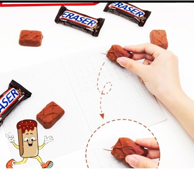 NeedVibes Cute 3D Perfumed Snickers Shaped Eraser, Non-Toxic Pencil Rubber Brown Rubber, 3.5x2.5 cm for School Use (Pack of 2) 2